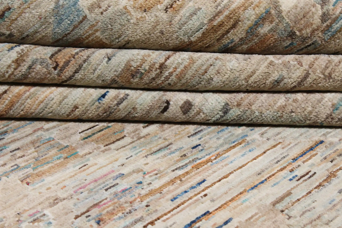 Gray-Beige Wool Rug with Blue Floral Accents, 297 × 252 cm, view 8.