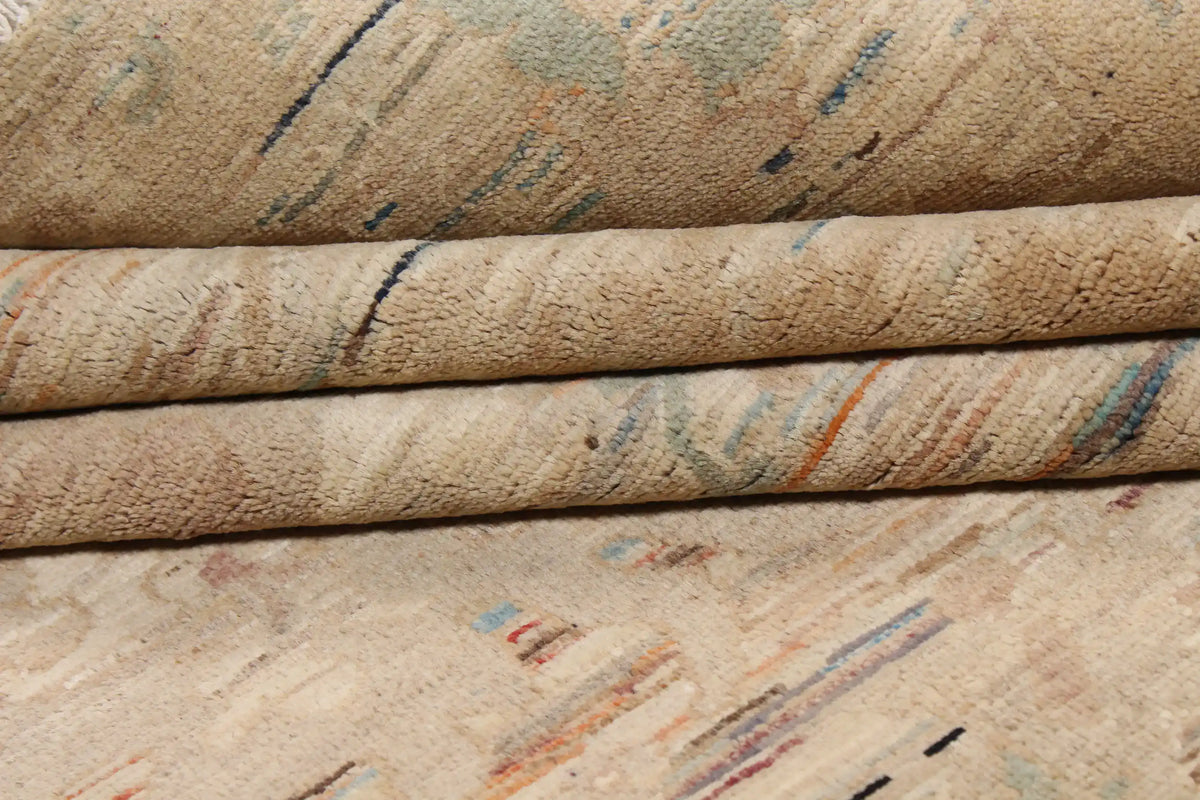 Golden Beige Afghan Rug with Green Floral Accents, 299 × 254 cm, view 9.
