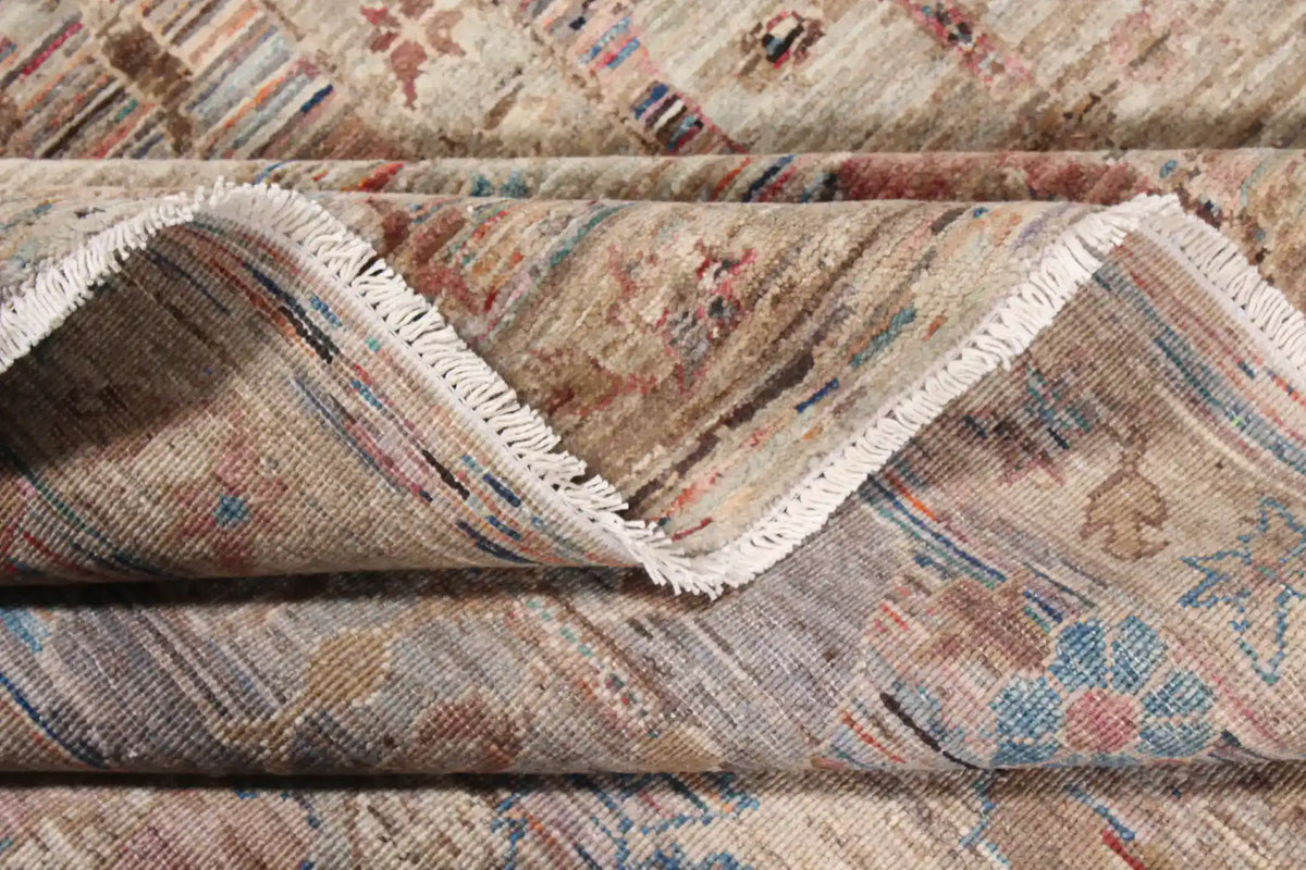 Afghan Rug with Blue, Cream & Gold Leaf Motifs, 342 × 250 cm, view 9.