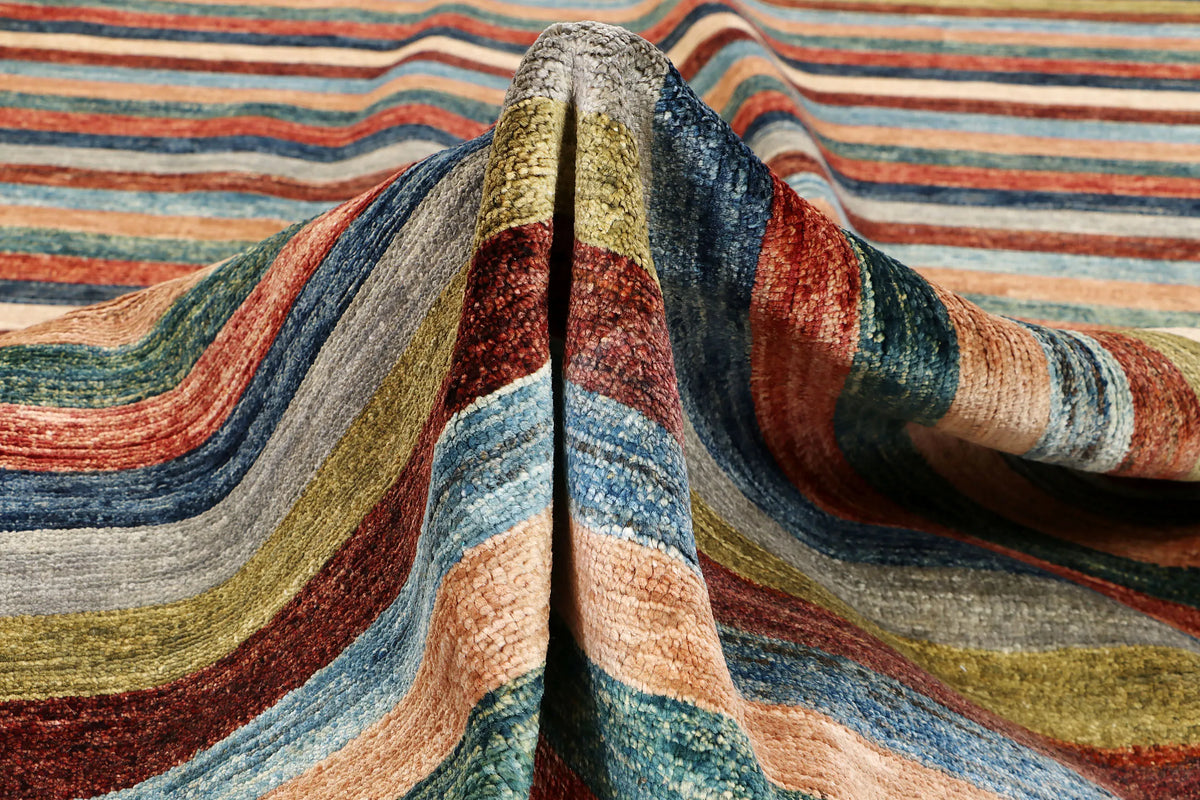 Afghan Rug with Fine Rust Red & Blue Stripes, 295 × 237 cm, view 8.