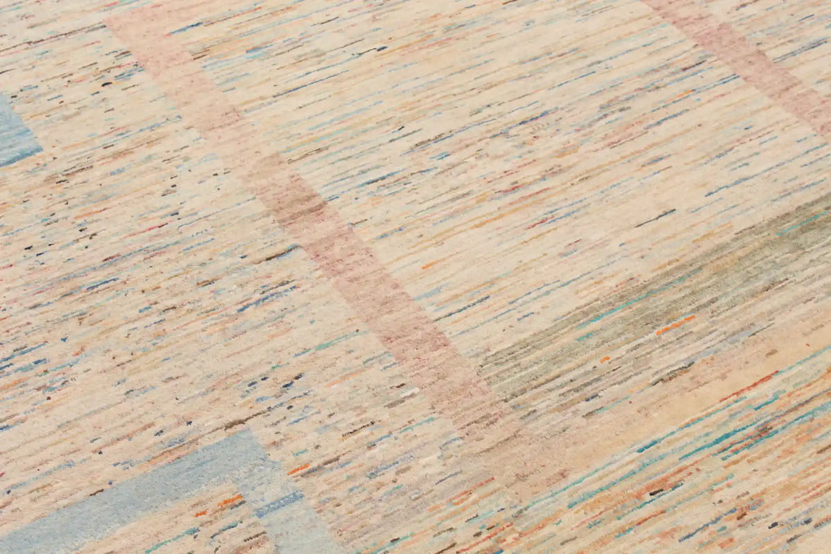 Modern Sand & Blue Wool Rug with Rectangles, 350 × 250 cm, view 9.