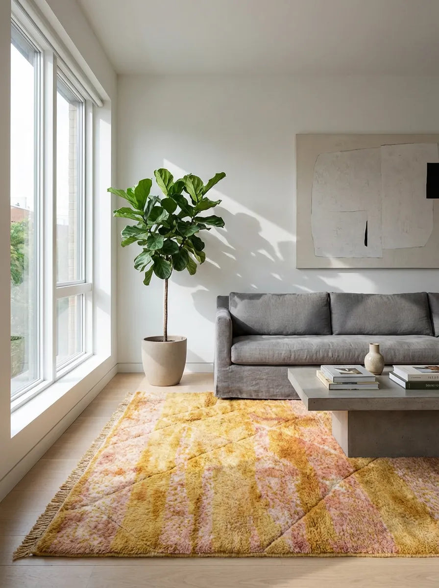 Moroccan wool rug, beige and yellow wool in a living room setting