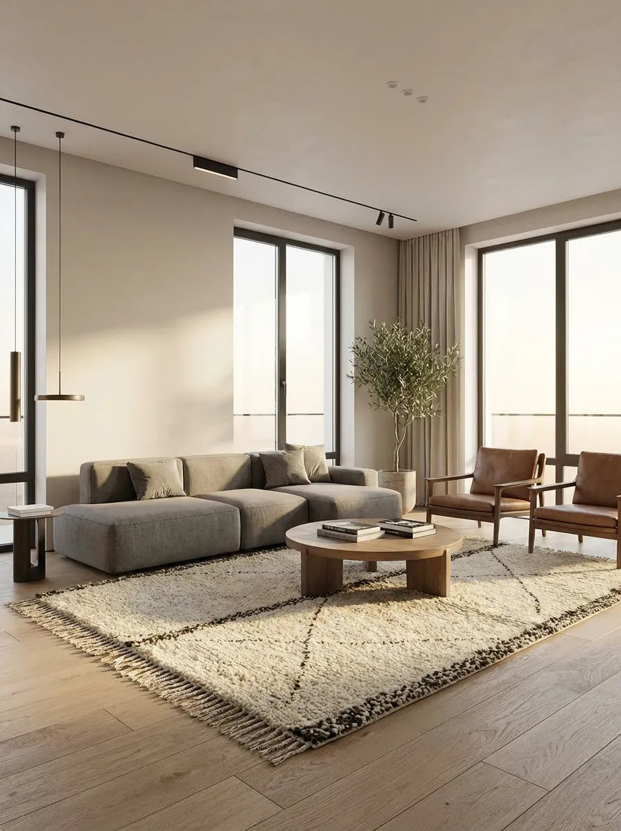 Beni Ourain wool rug, dark brown vertical lines and diamonds on a light ground in a living room setting