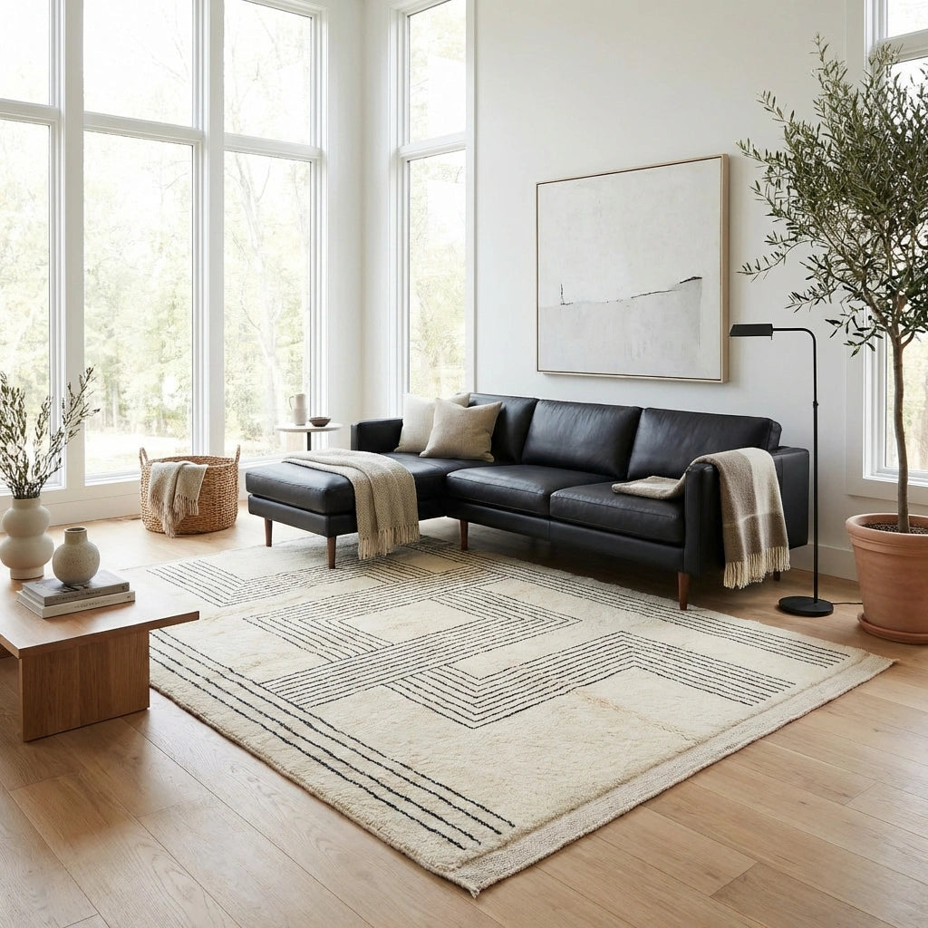 Beni Ourain wool rug, cream wool ground with irregular labyrinth lines in a living room setting