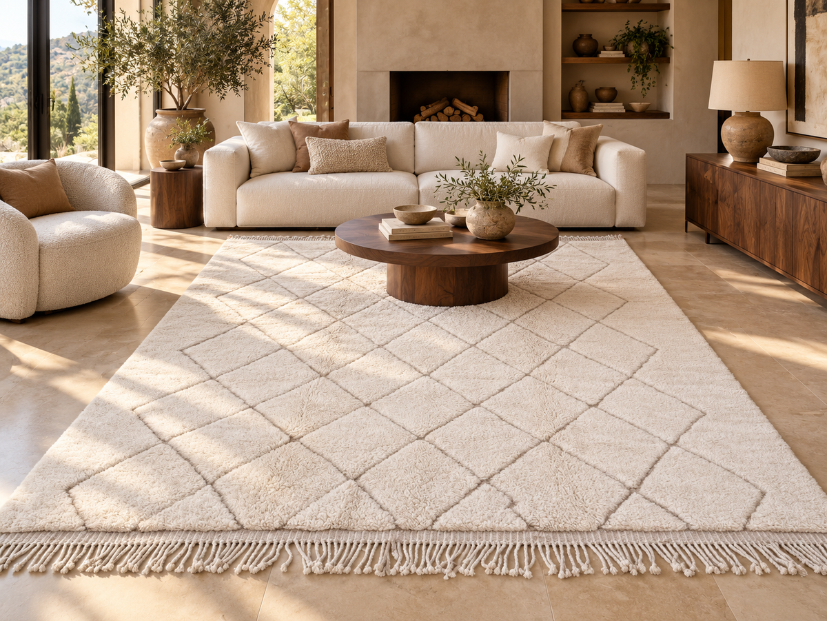 Room visualization featuring Cream Beni Ourain Rug with Taupe Diamonds, approx. 351 × 253 cm.