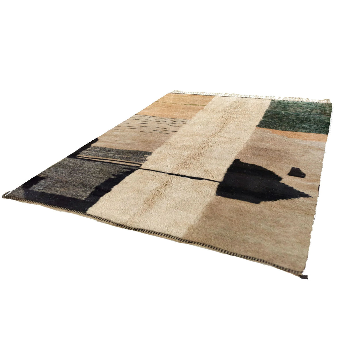 Beni Ourain wool rug, beige ground with black and olive green color blocks, product view 3