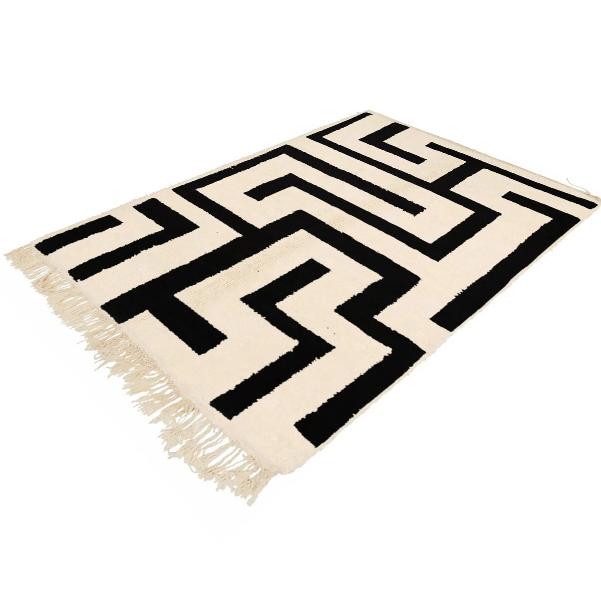 Beni Ourain wool rug, cream ground with a bold black maze pattern, product view 3
