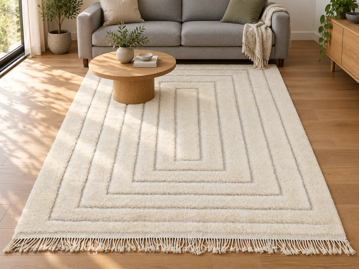 Room visualization featuring Natural White Beni Ourain Rug with Rectangle Relief, 305 × 214 cm.