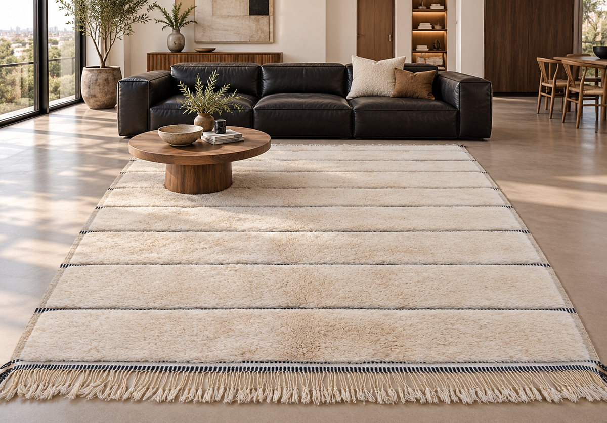 Room visualization featuring Natural White Beni Ourain Rug with Black Stripes, 435 × 304 cm.