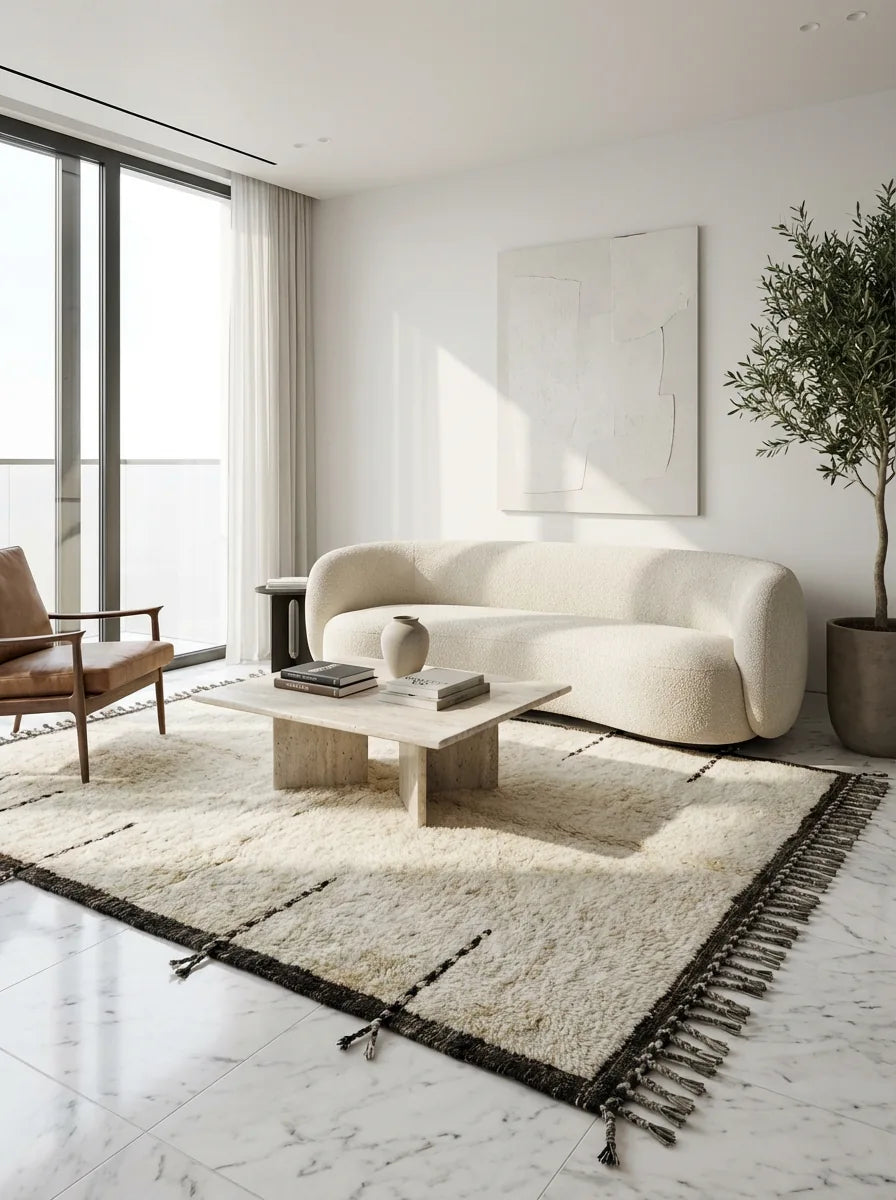 Beni Ourain wool rug, cream ground with a black border and short crosswise lines, product view 3