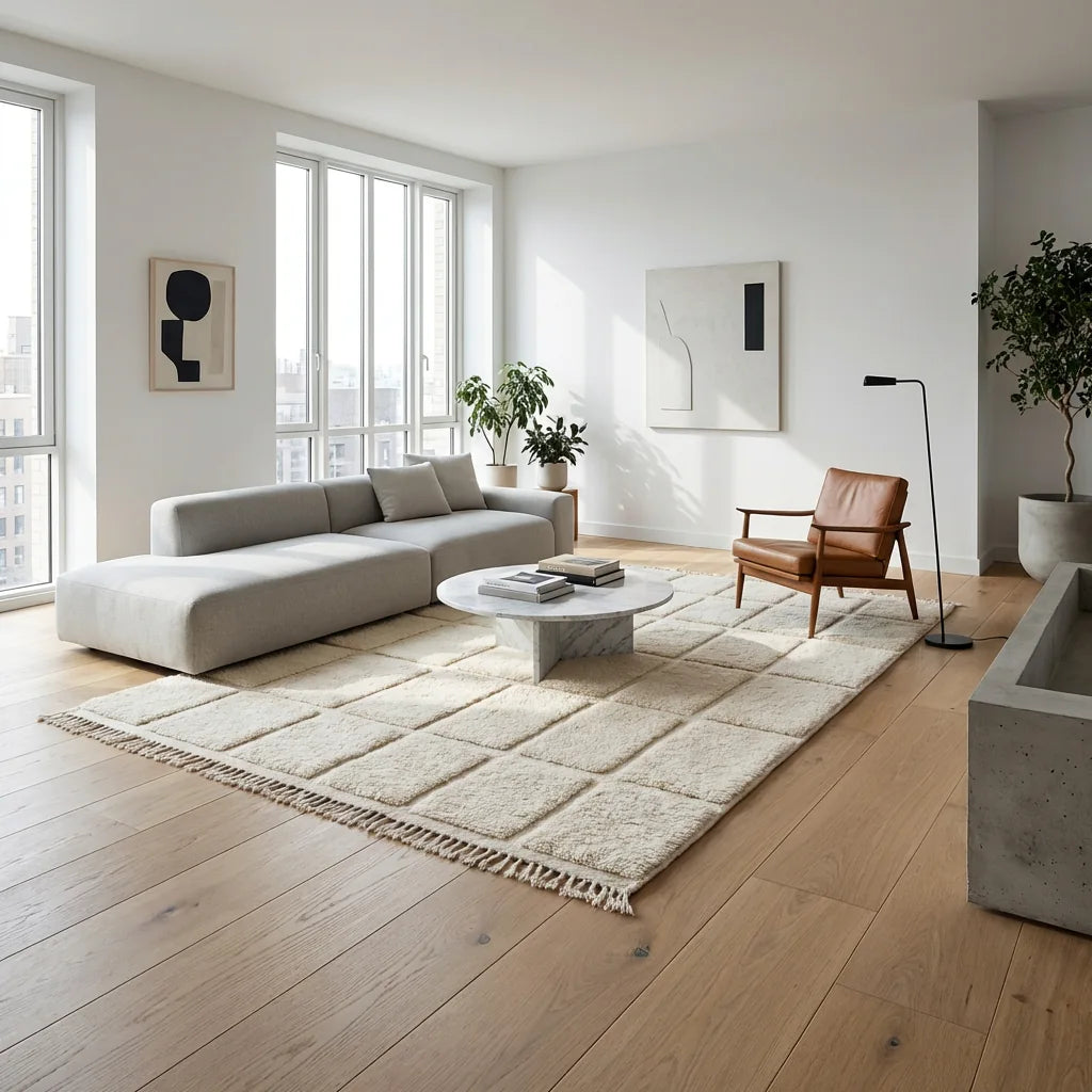 Beni Ourain wool rug, cream ground with a tonal square relief pattern, product view 3