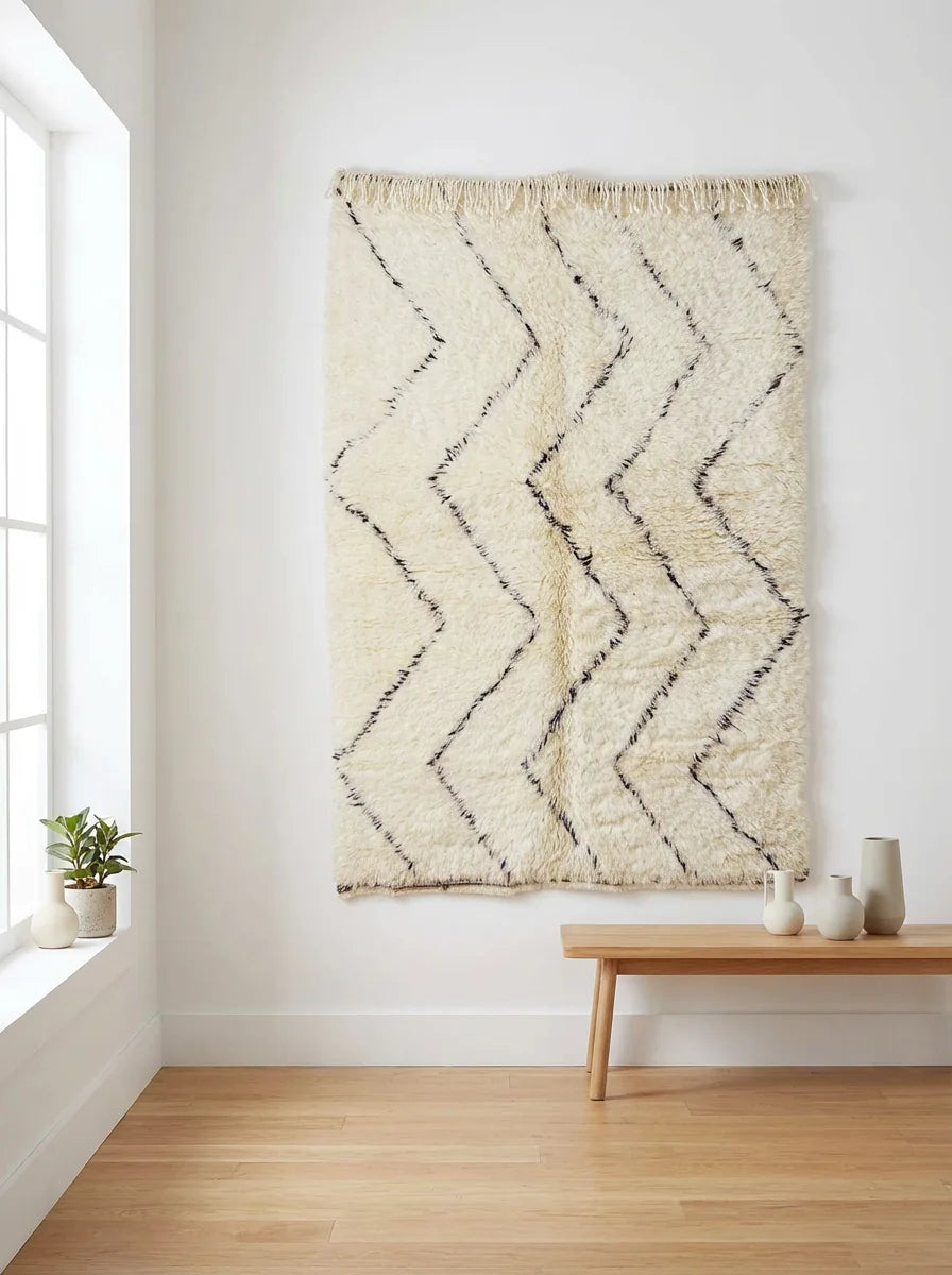 Beni Ourain wool rug, cream ground with dark rows of zigzags, product view 2