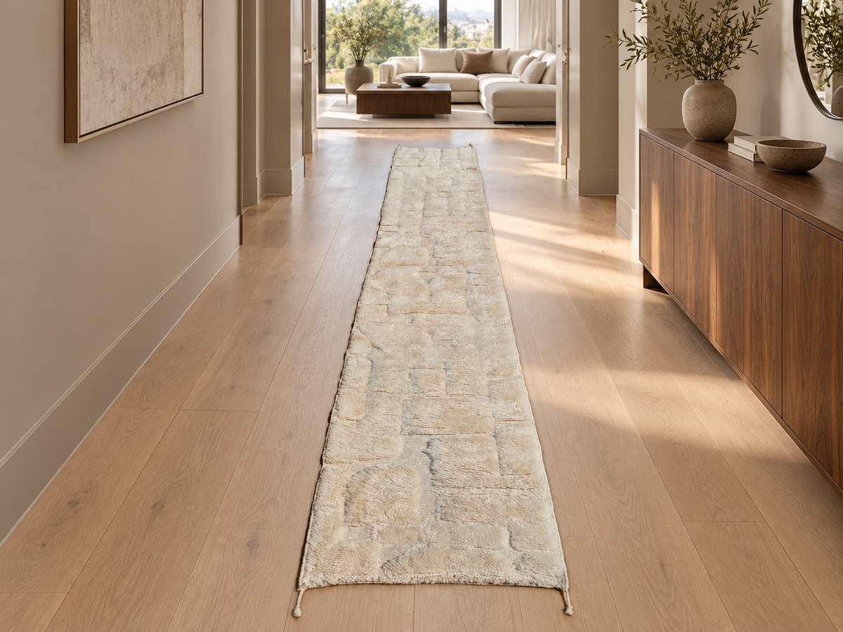 Room visualization featuring Cream Moroccan Wool Runner with Block Relief, 460 × 77 cm.