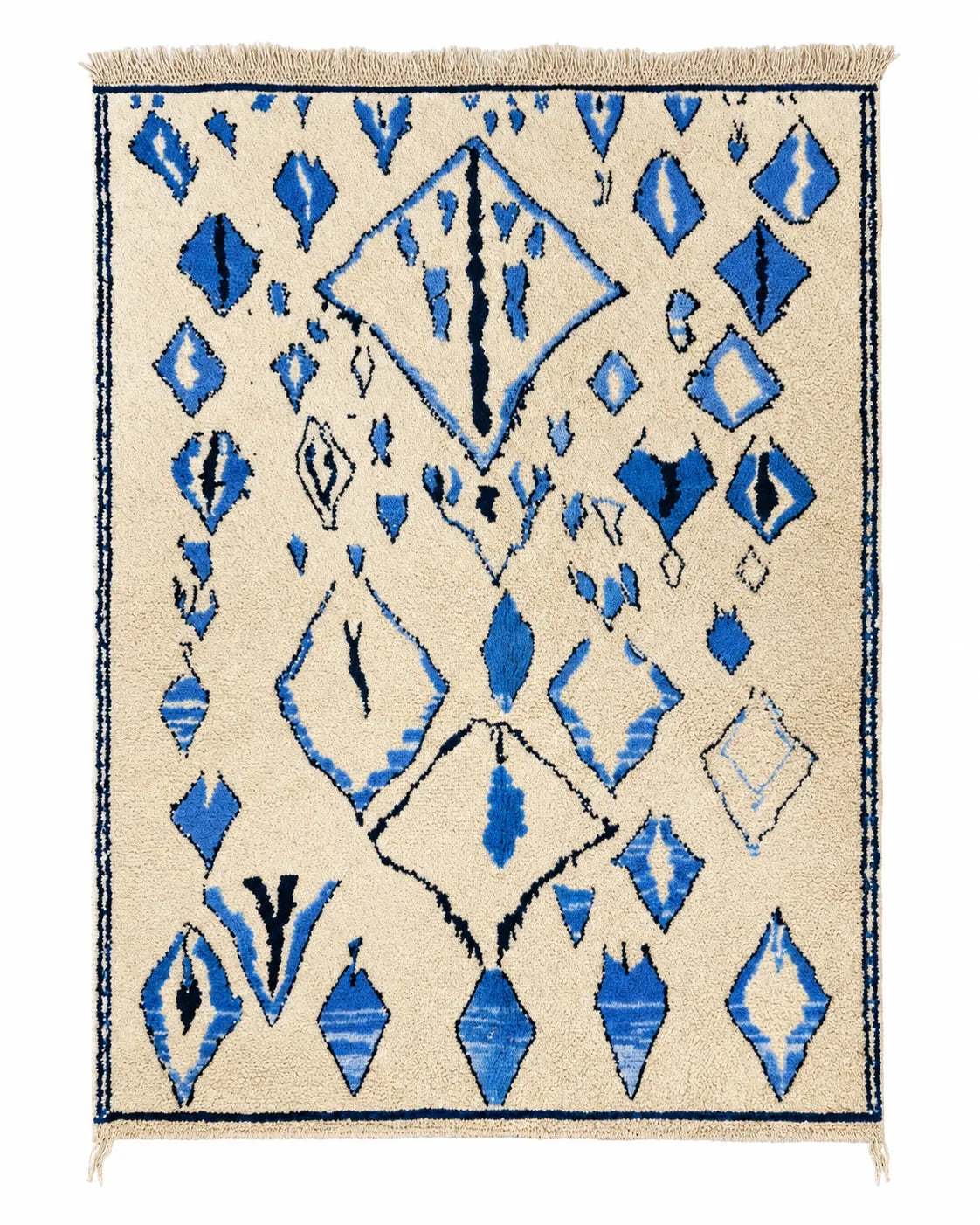 Front view of Moroccan wool rug, blue wool with diamond motifs