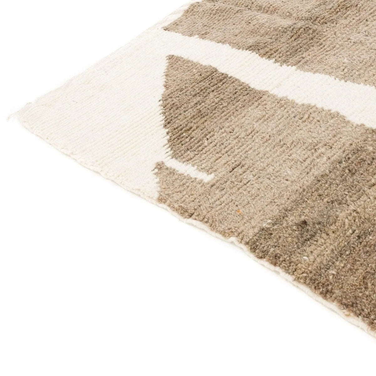 Moroccan wool rug, cream ground with brown and orange geometric shapes, product view 3