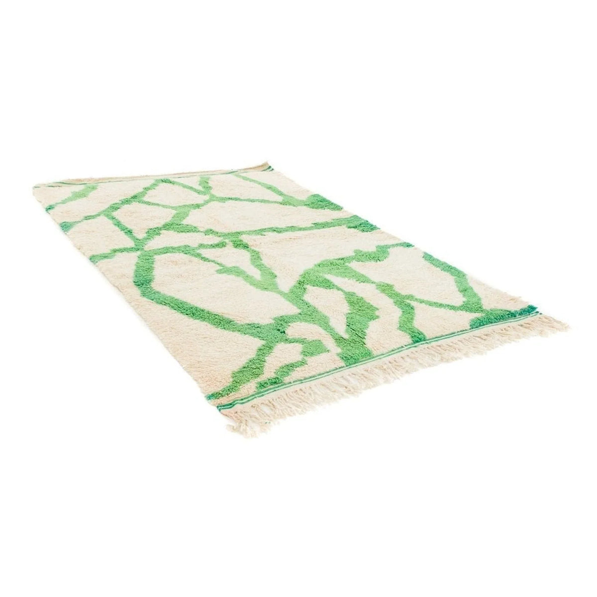 Moroccan wool rug, cream ground with bold branching green lines, product view 3