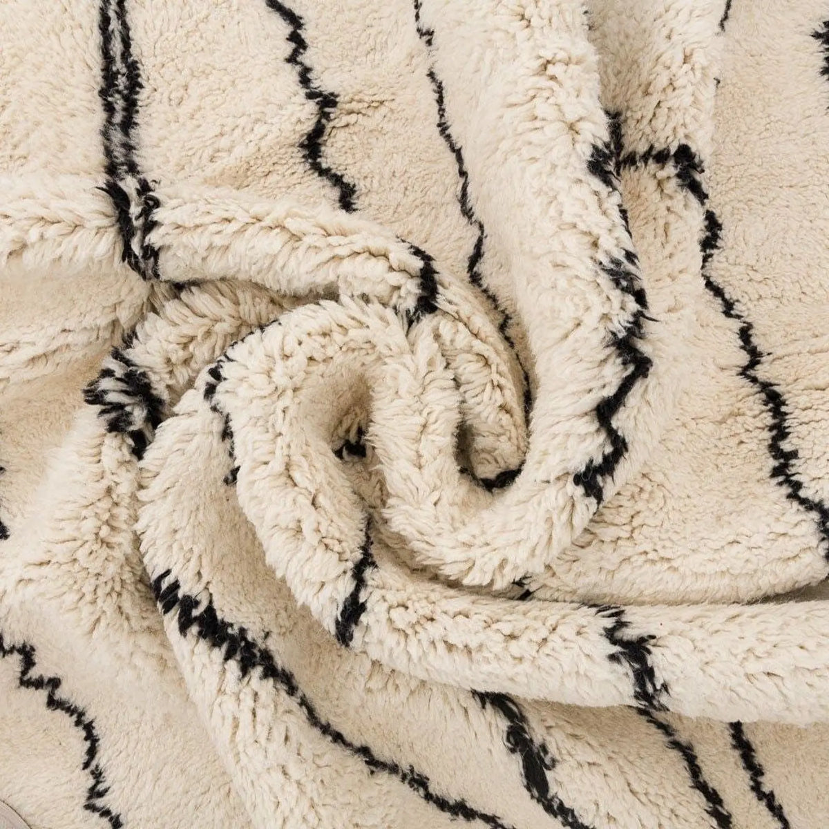 Moroccan wool rug, cream ground with fine branching black vertical lines, product view 3