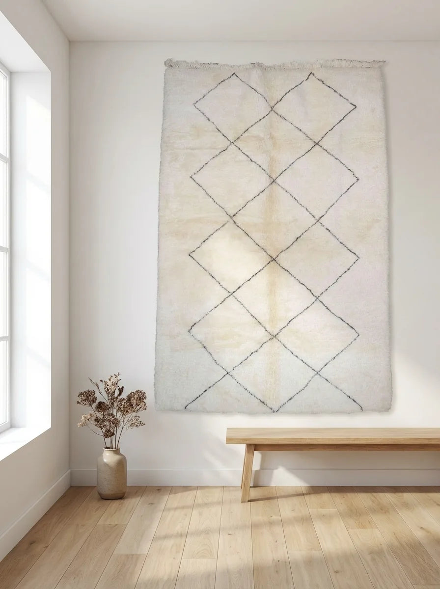 Moroccan wool rug, cream ground with a vertical row of large black diamonds, product view 2