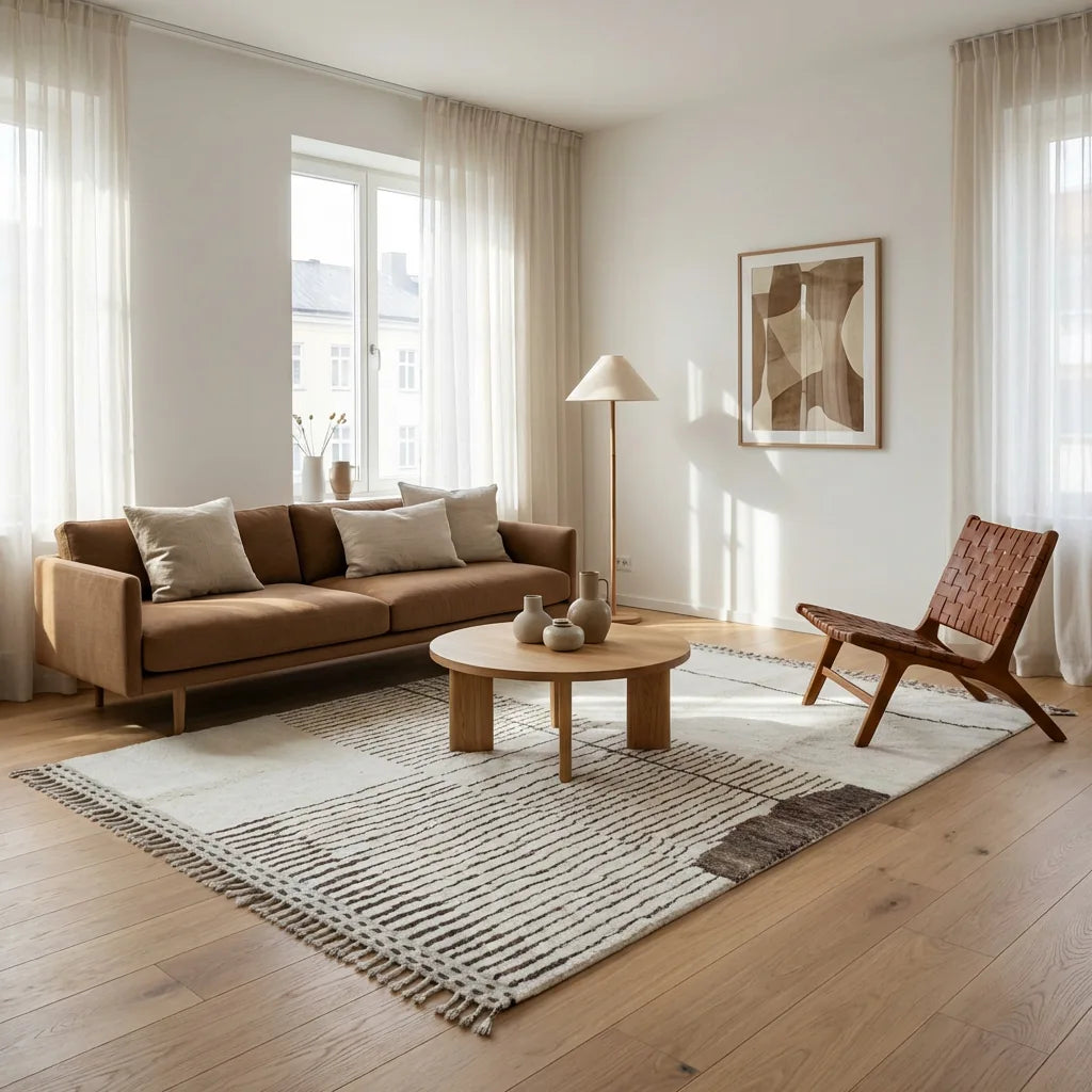 Moroccan wool rug, cream ground with brown horizontal bands and dense linework, product view 3