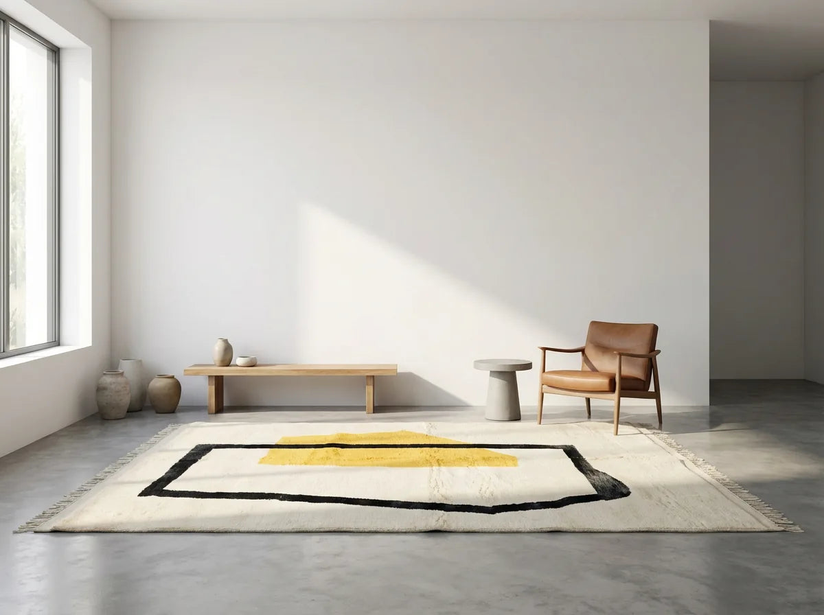 Moroccan wool rug, cream ground with a black outline and a yellow color block, product view 3