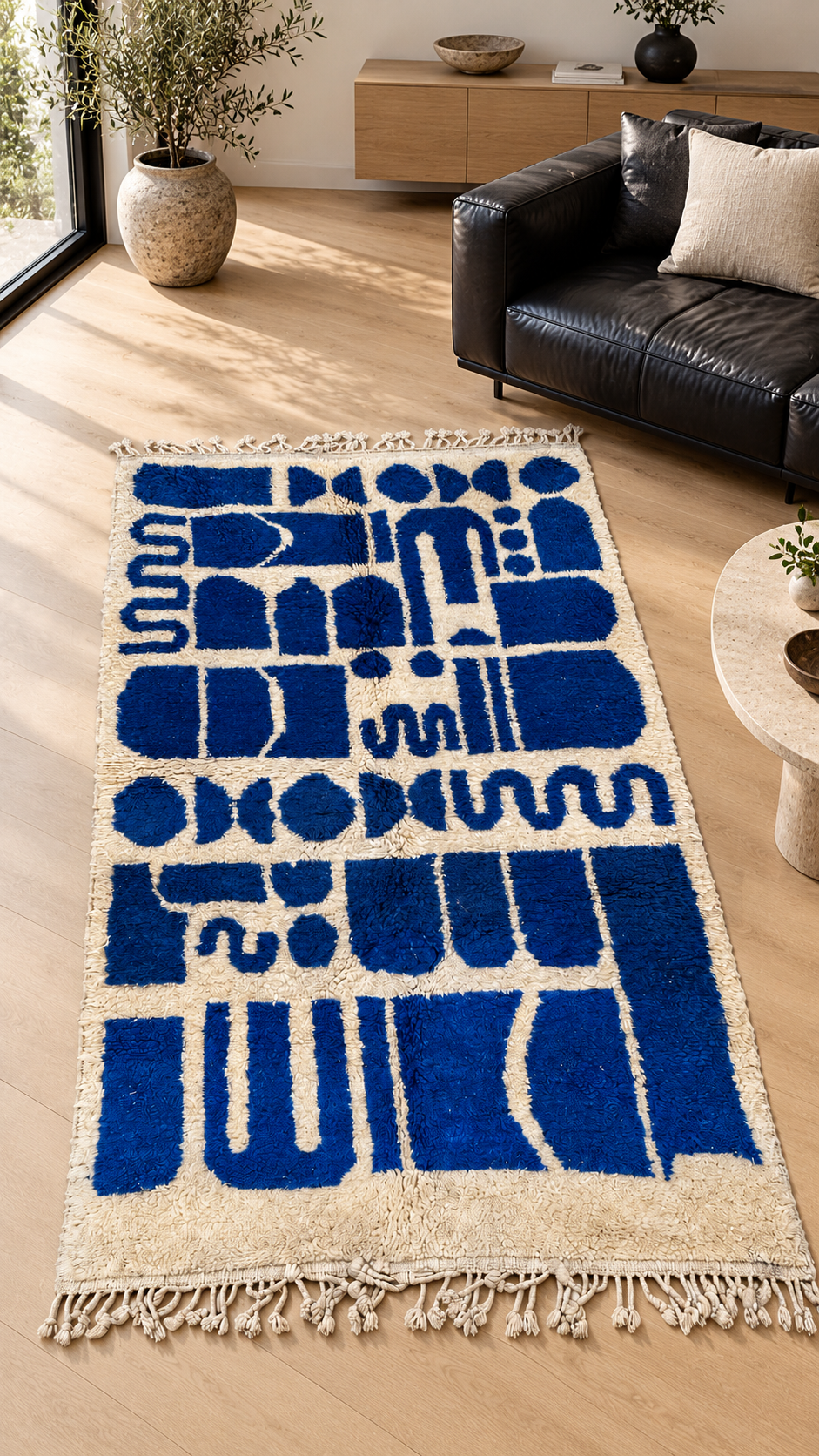 AI-generated room inspiration: Blue and Cream Moroccan Rug with Abstract Pattern, 240 × 135 cm.