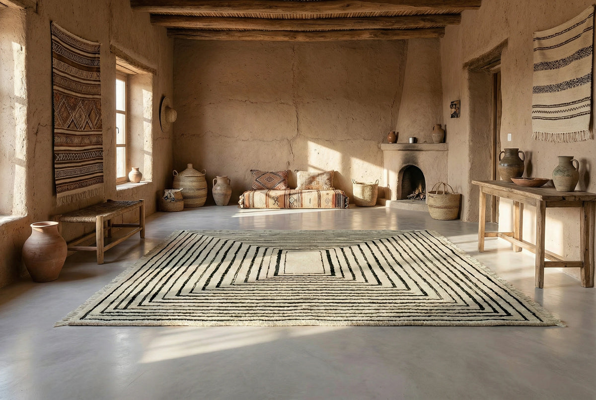 Beni Ourain wool rug, concentric black rectangles on a light wool ground in a living room setting