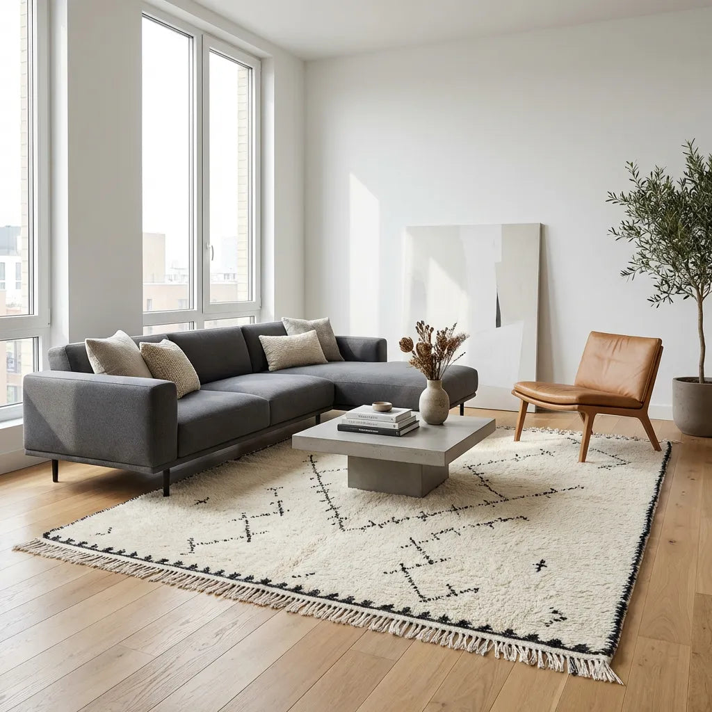 Beni Ourain wool rug, black arrow-like and branching symbols on a cream wool ground in a living room setting