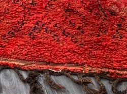Fringe and edge detail of Red Vintage Moroccan Rug with Fine Diamond Pattern, 363 × 197 cm.