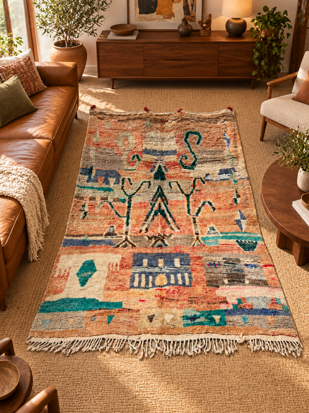 AI-generated room inspiration: Large Vintage Moroccan Rug with Abstract Symbols, 400 × 300 cm.