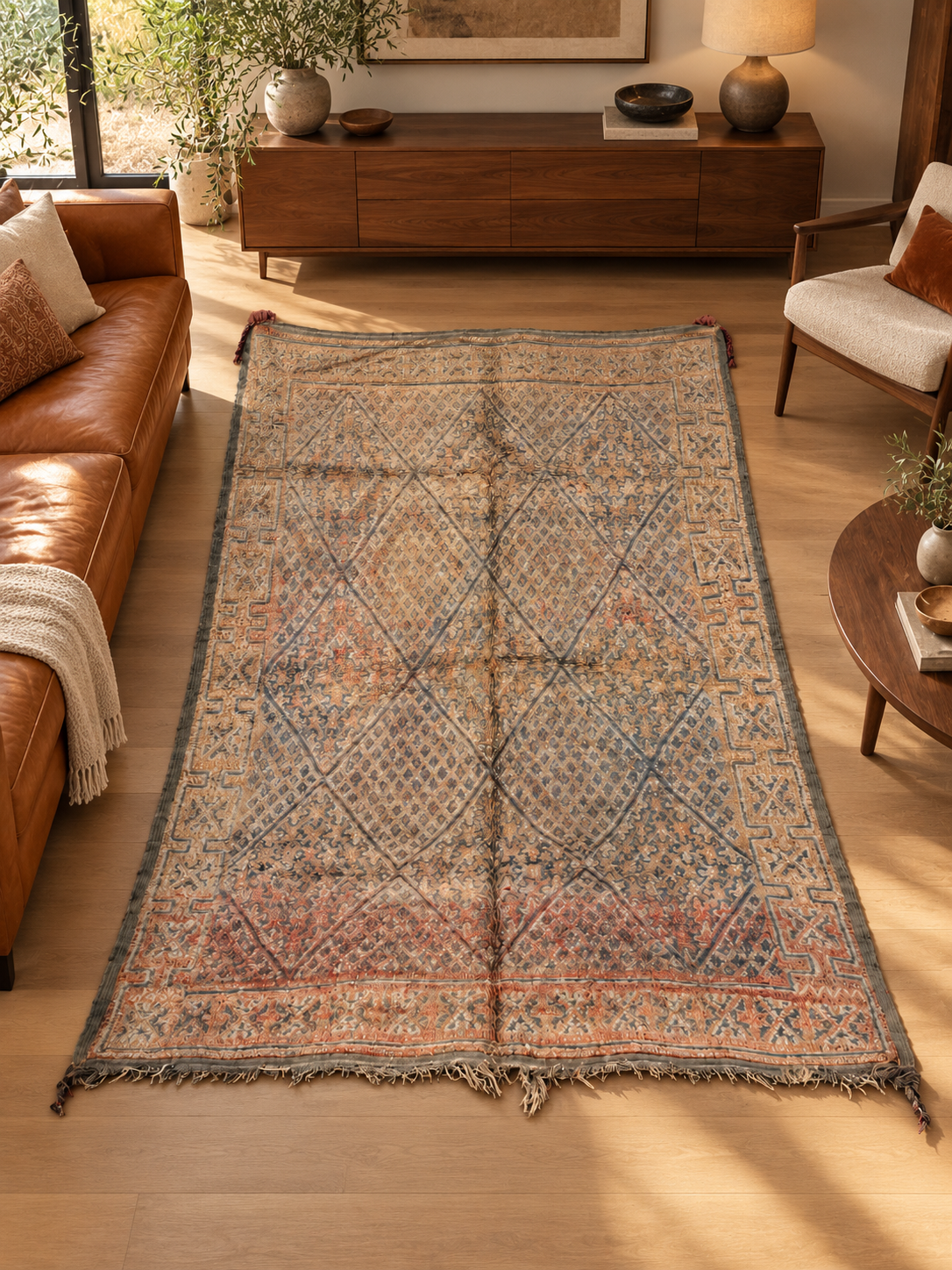 AI-generated room inspiration: Light Vintage Moroccan Rug with Fine Diamond Grid, 300 × 190 cm.