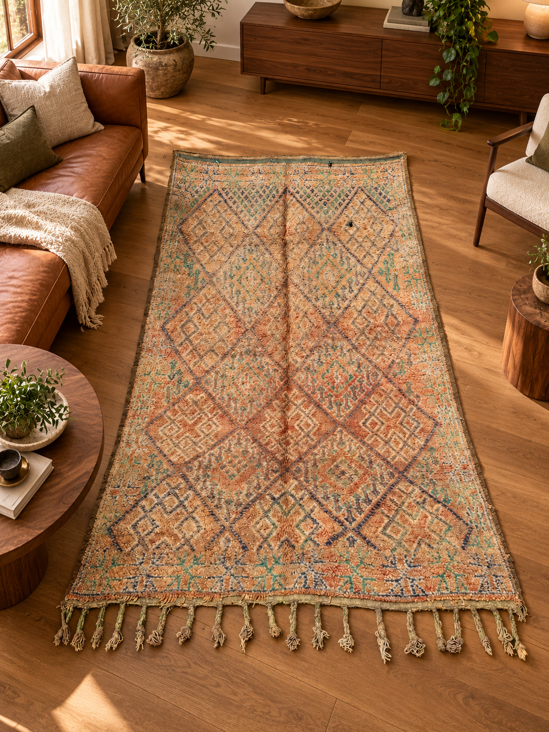 AI-generated room inspiration: Light Vintage Moroccan Rug with Pink and Gray Diamonds, 340 × 170 cm.
