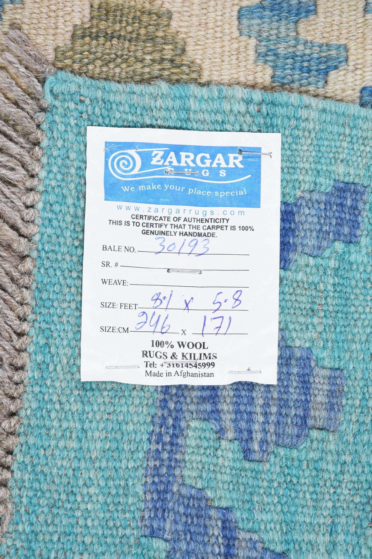 Turquoise Colorful Diamond Kilim Rug, 246 × 171 cm — view 5