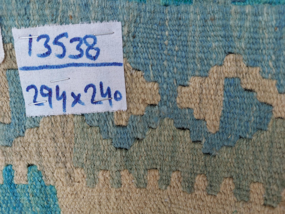 Teal Fine Diamond Row Kilim Rug, 294 × 240 cm — view 9