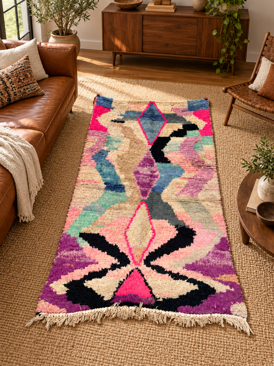 AI-generated room inspiration: Pastel Vintage Moroccan Rug with Abstract Motifs, 180 × 100 cm.