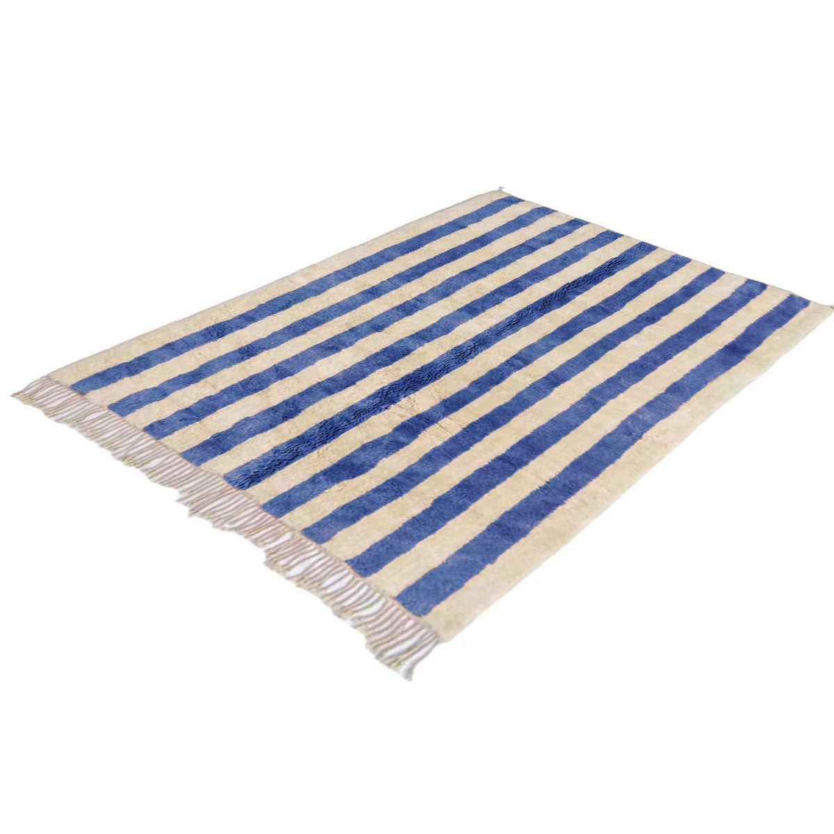 Mrirt wool rug, blue and cream ground with broad lengthwise stripes, product view 3