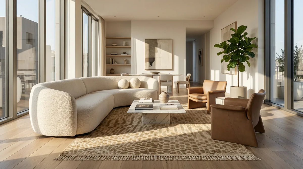 Mrirt wool rug, beige-brown ground with a fine dark grid, product view 3