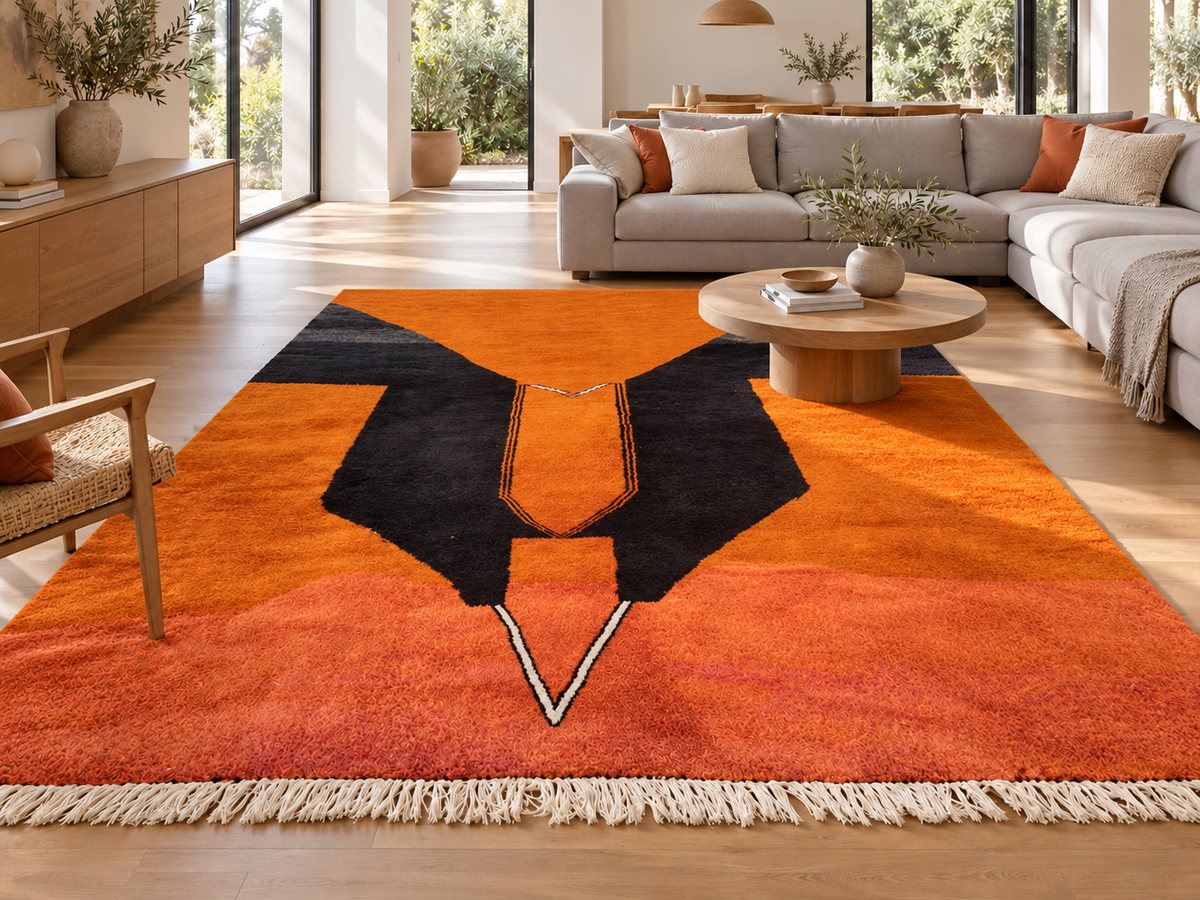 Room visualization featuring Terracotta and Black Moroccan Rug with Abstract Pattern, 392 × 303 cm.