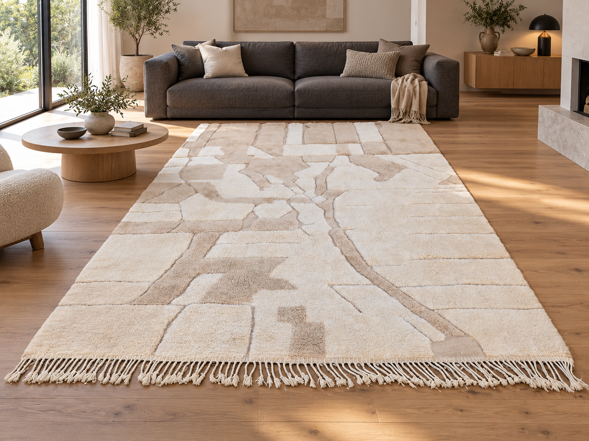 Room visualization featuring Beige and Taupe Beni Ourain Rug with Block Pattern, 426 × 303 cm.