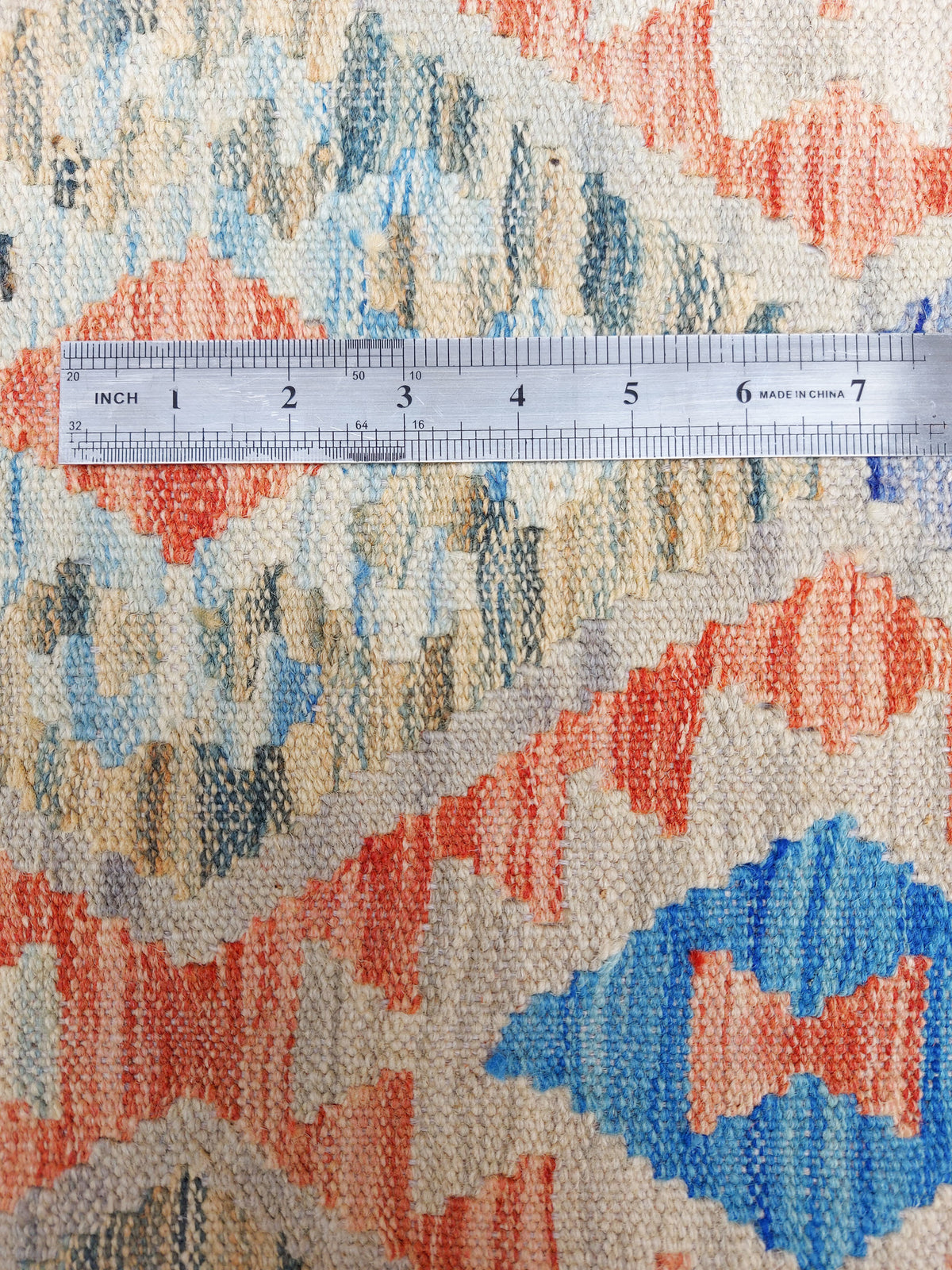 Blue Double Diamond Row Kilim Runner, 296 × 88 cm — detail 7