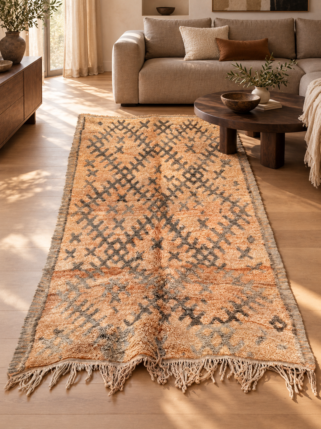 AI-generated room inspiration: Natural Vintage Moroccan Rug with Dark Diamonds, 300 × 160 cm.