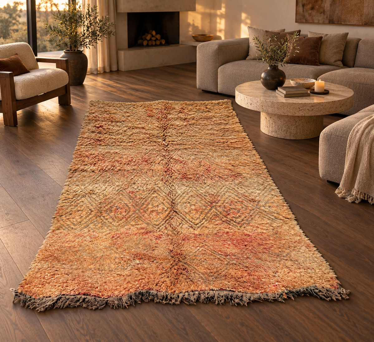 AI-generated room inspiration: beige vintage Moroccan rug with a faded pattern in a living room, view 2.