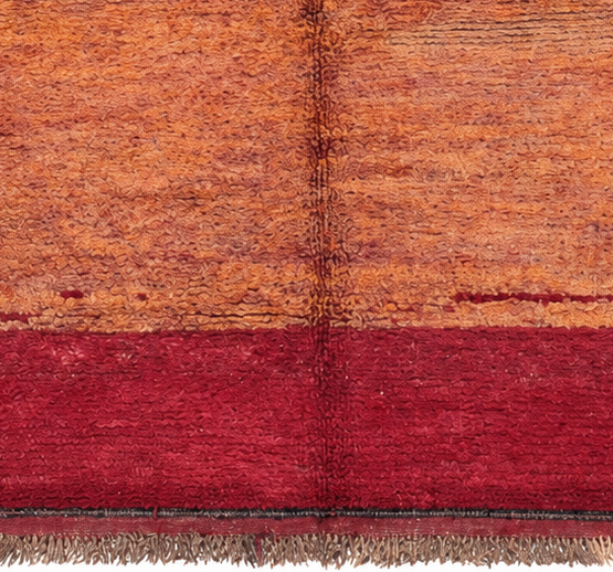 Fringe and edge detail of Ochre Vintage Moroccan Rug with Burgundy End Panel, 275 × 150 cm.