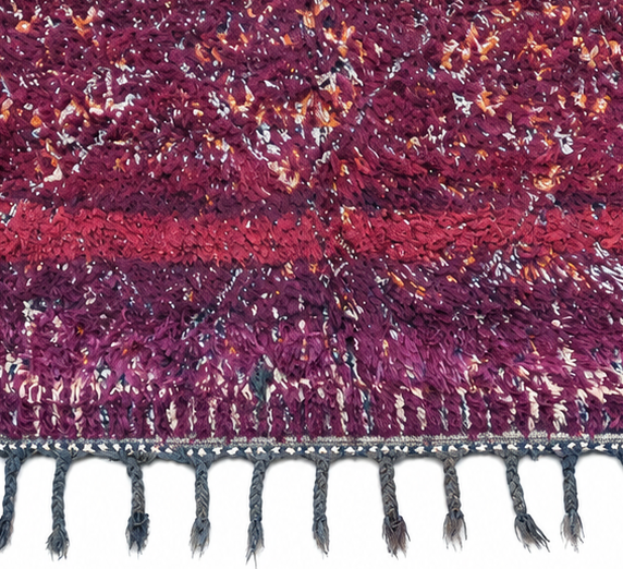 Fringe and edge detail of Plum Vintage Moroccan Rug with Subtle Diamonds, 340 × 190 cm.