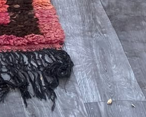 Fringe and edge detail of Pink Vintage Moroccan Runner with Black Diamonds, 333 × 130 cm.
