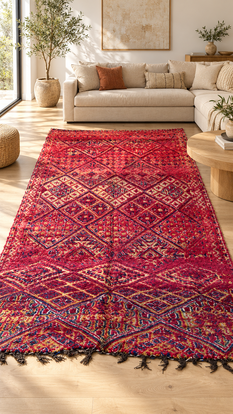 AI-generated room inspiration: Burgundy Vintage Moroccan Rug with Dense Diamond Pattern, 330 × 180 cm.