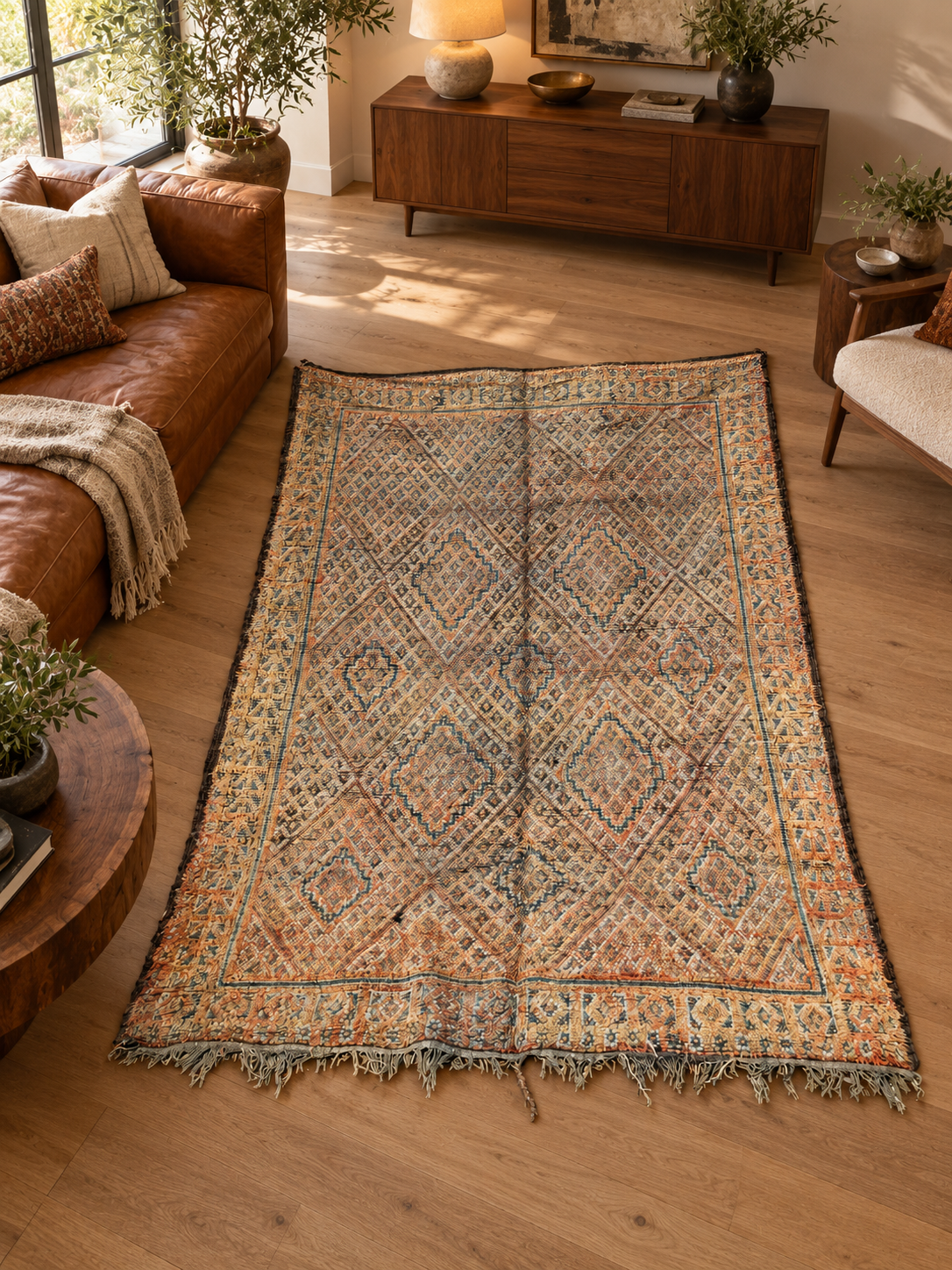 AI-generated room inspiration: Gray and Beige Vintage Moroccan Rug with Geometric Pattern, 267 × 200 cm.