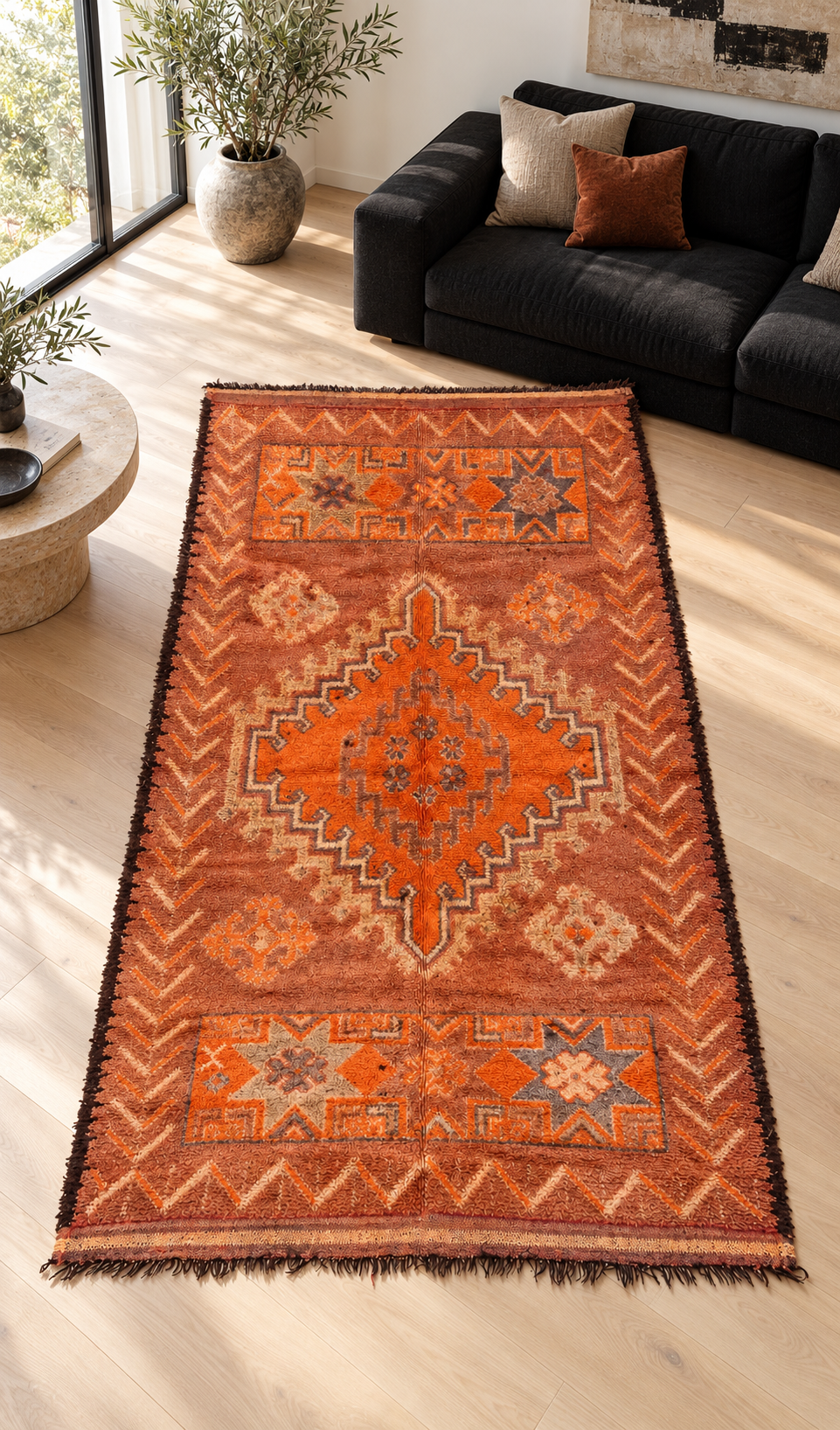 AI-generated room inspiration: Orange Vintage Moroccan Rug with Jagged Medallion, 300 × 176 cm.