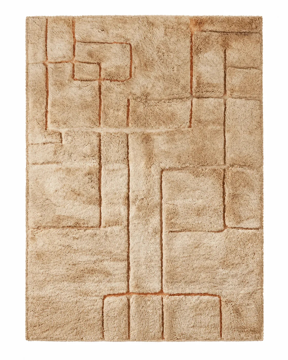 Mrirt wool rug, fine geometric relief lines in a sand-colored wool pile in a living room setting