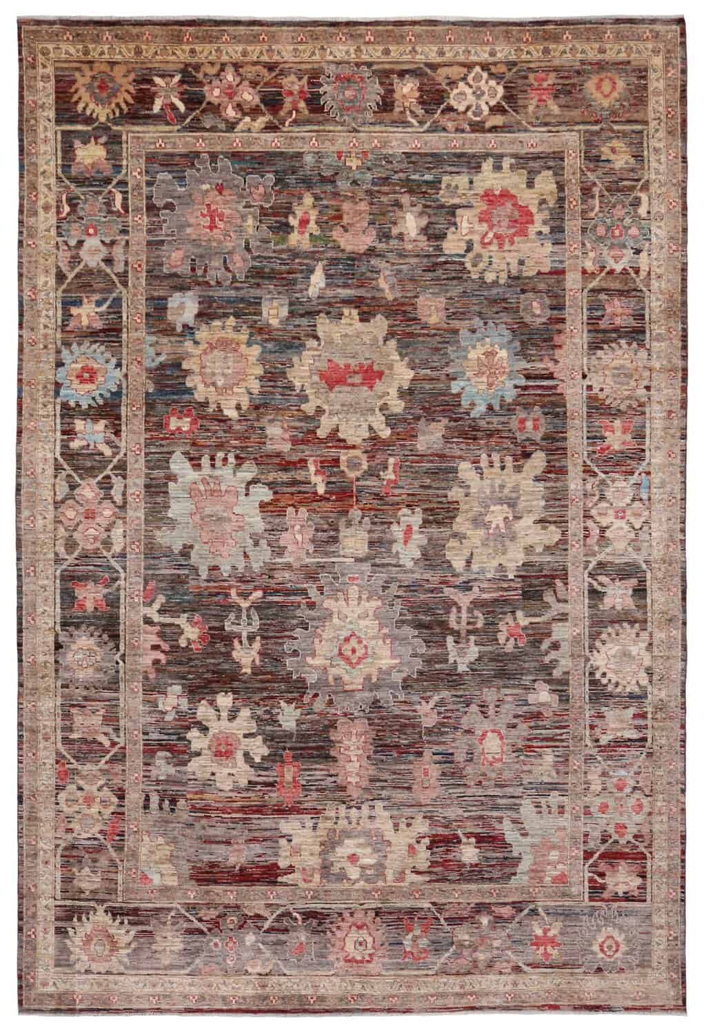Pink & Cream Afghan Floral Rug, 355 × 272 cm, overall view.