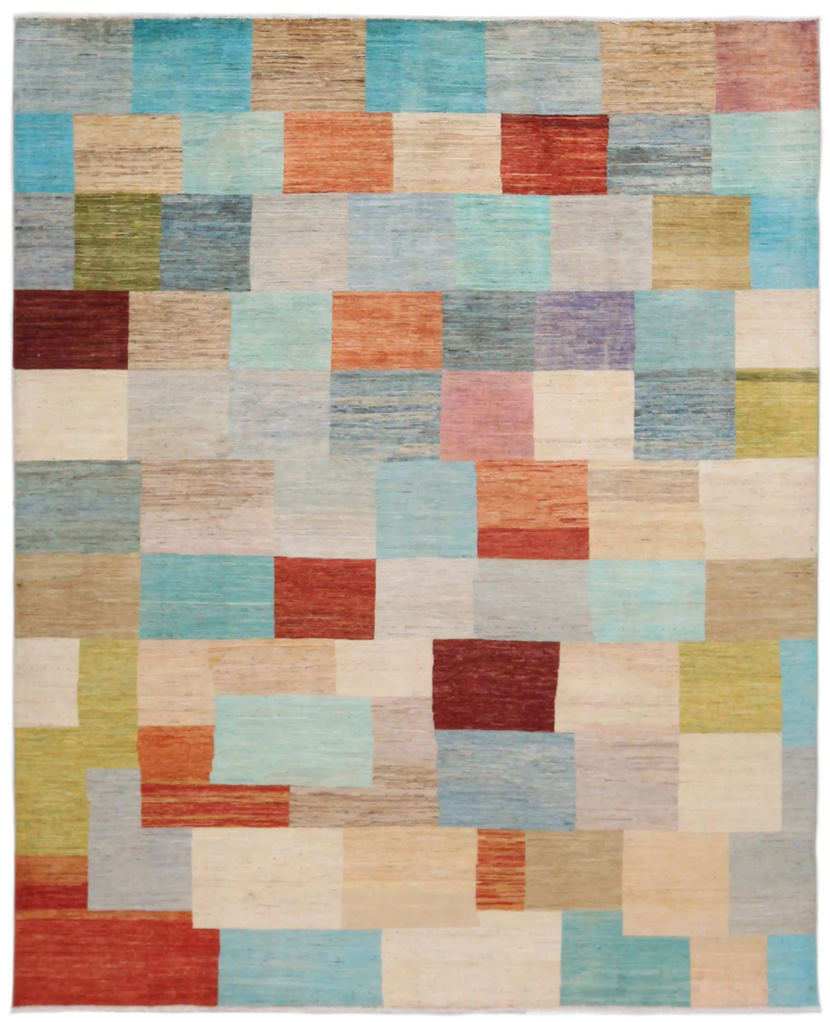 Gabbeh Rug with Colorful Rectangles, 299 × 248 cm, overall view.